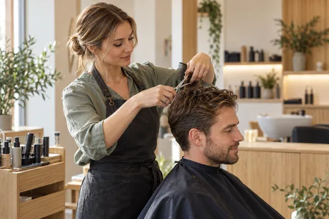 Frisør klipper en kunde i en lys skandinavisk salon