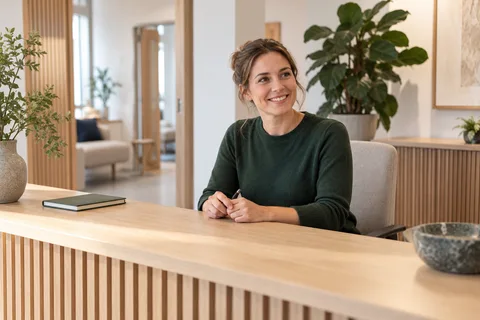 Receptionist tager imod i en rolig klinik med lyse træmaterialer