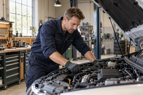 Mekaniker undersøger en bilmotor på et værksted
