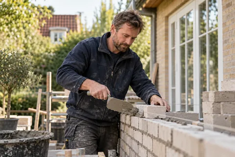 Murer lægger lyse mursten ved en dansk husrenovering